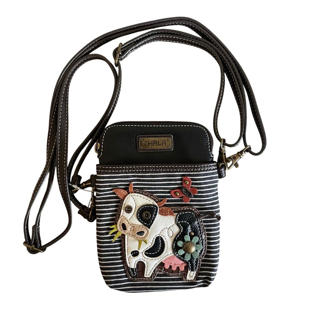 CHALA Cow Crossbody Cell Phone Purse Black Vegan Leather Crossbody Bag 2 Straps